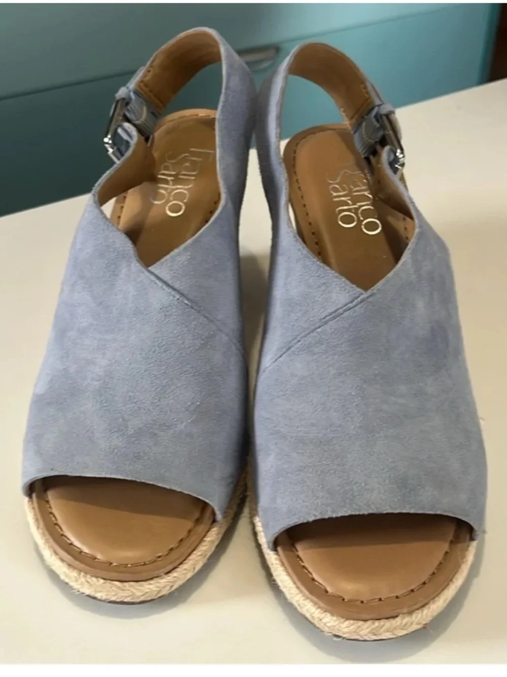 Franco Sarto Julien Women's Light Blue Suede 3” Cork Wedge Sandals size 6.5